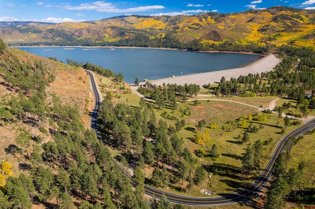 drone / aerial view with a water and mountain view