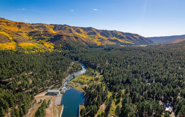 bird's eye view featuring a water and mountain view