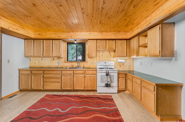 kitchen with a sink, white range with electric cooktop, open shelves, and wood ceiling
