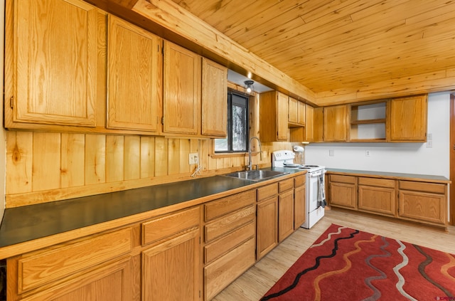 kitchen with open shelves, a sink, light wood-style floors, wood ceiling, and white electric range