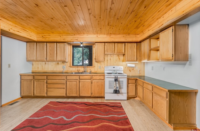 kitchen featuring light wood-type flooring, sink, white electric stove, and wood ceiling