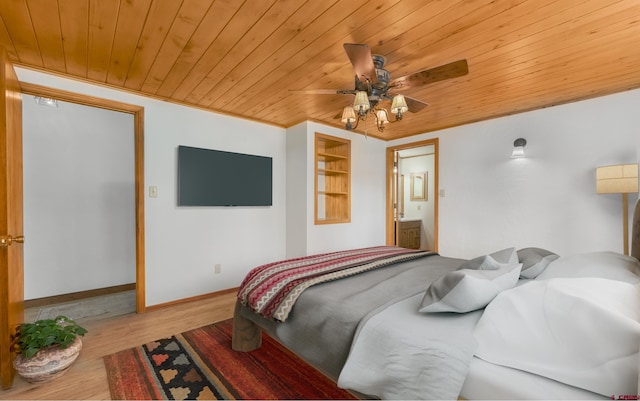 bedroom featuring ceiling fan, wood ceiling, baseboards, and wood finished floors