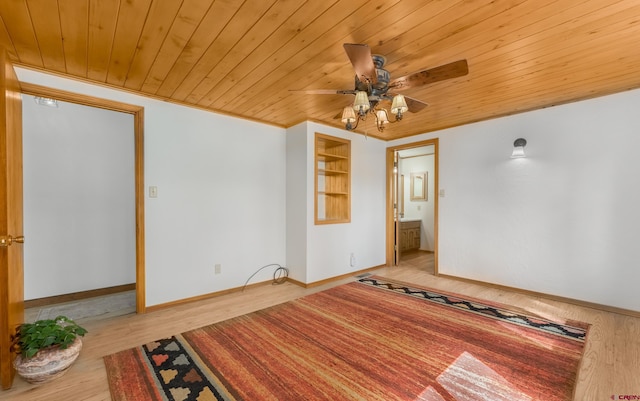 empty room featuring ceiling fan, light wood-type flooring, and wood ceiling