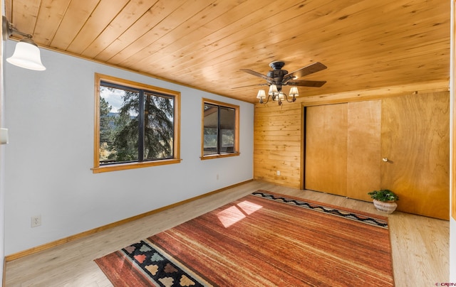 unfurnished room featuring wood ceiling, hardwood / wood-style flooring, wooden walls, and ceiling fan