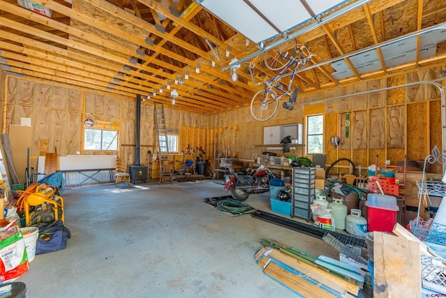 garage with a wood stove