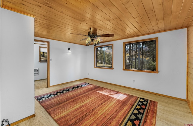 spare room featuring ceiling fan, light hardwood / wood-style flooring, ornamental molding, and wooden ceiling