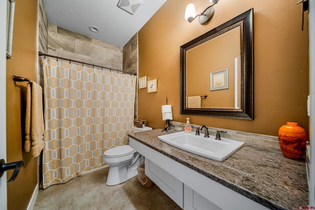 bathroom with walk in shower, vanity, toilet, and tile patterned floors