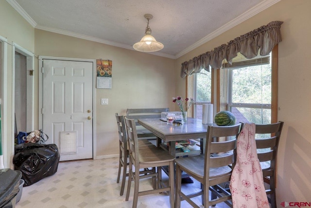 dining space featuring a textured ceiling and crown molding