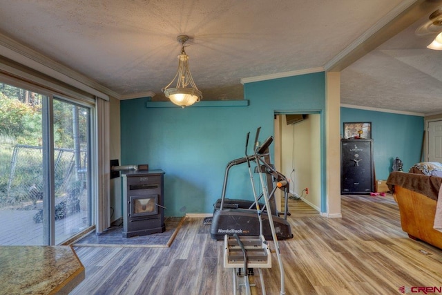 exercise area featuring ornamental molding, hardwood / wood-style floors, and a wood stove