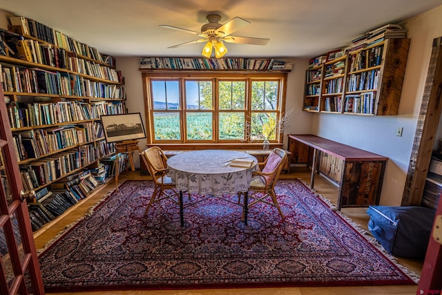 office area with light hardwood / wood-style flooring and ceiling fan