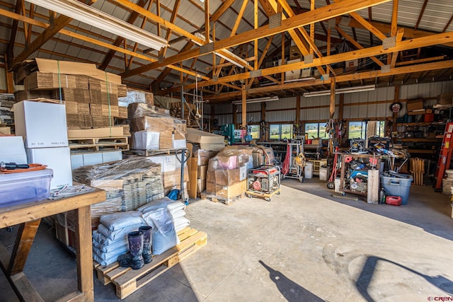 garage with a workshop area