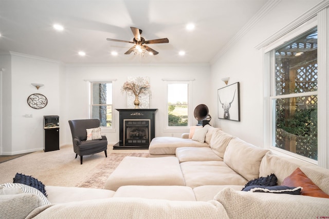 living room featuring crown molding and ceiling fan