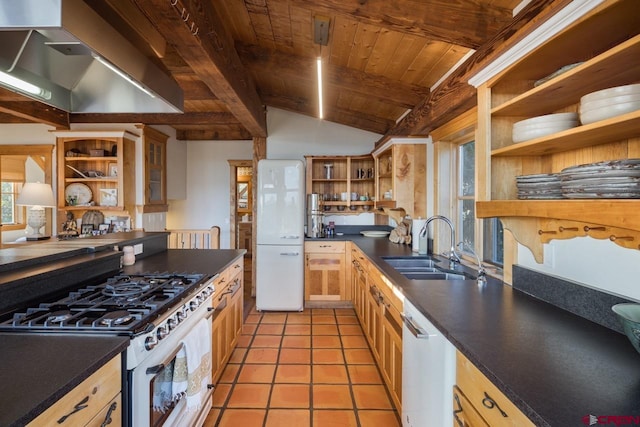 kitchen featuring vaulted ceiling with beams, wood ceiling, sink, white appliances, and extractor fan