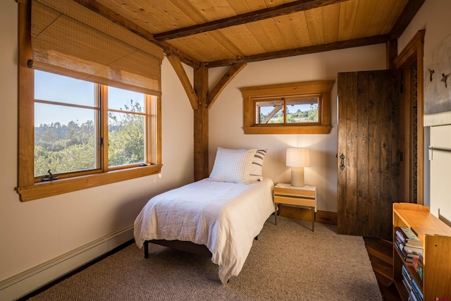 bedroom featuring hardwood / wood-style floors, beam ceiling, a baseboard heating unit, and wood ceiling