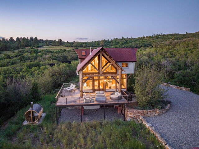 462 Dragon Lode Dr, Placerville, CO 81430 - back of house at dusk featuring a view of trees and a deck