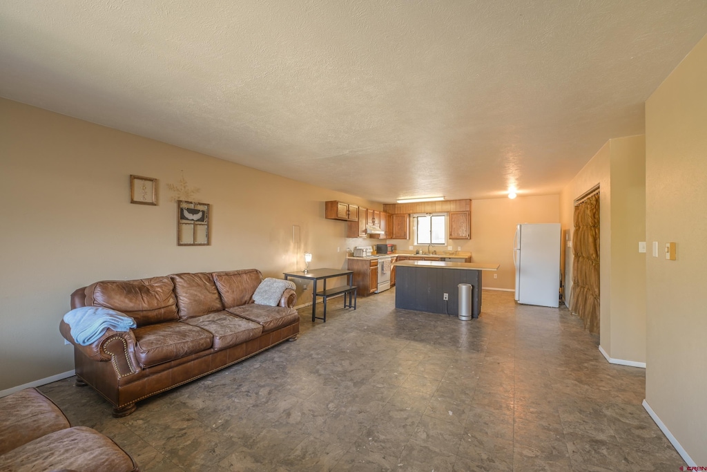 living room with a textured ceiling