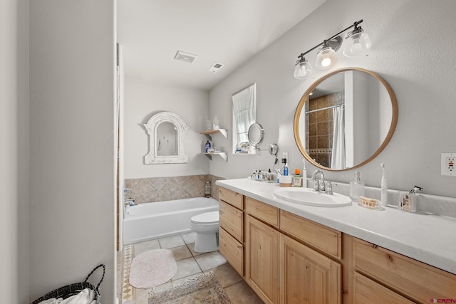 full bathroom with vanity, toilet, independent shower and bath, and tile patterned flooring