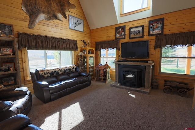 carpeted living room with wooden walls and a healthy amount of sunlight