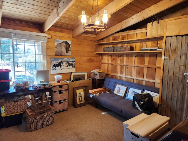 office with an inviting chandelier, wood ceiling, wood walls, and carpet flooring