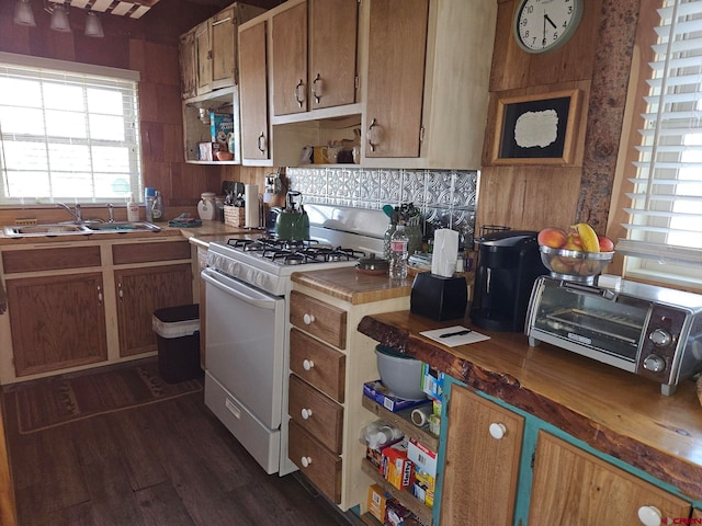 kitchen with high end white range, sink, dark hardwood / wood-style flooring, and wood counters