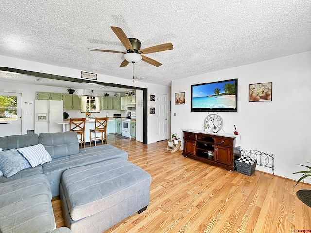 living room featuring light wood-type flooring, ceiling fan, and a textured ceiling