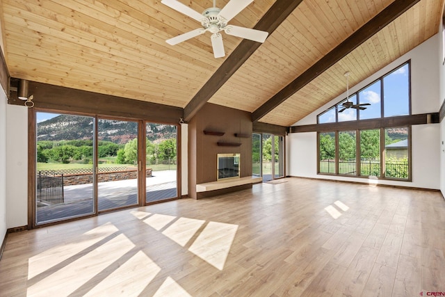 unfurnished living room featuring ceiling fan, beamed ceiling, light wood-type flooring, and high vaulted ceiling