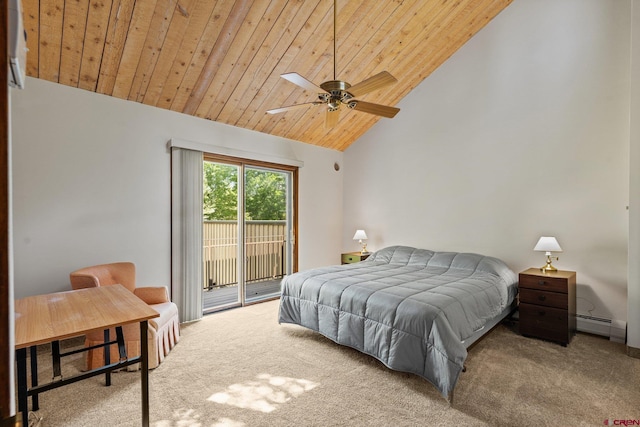 carpeted bedroom featuring access to outside, wood ceiling, a baseboard heating unit, and ceiling fan