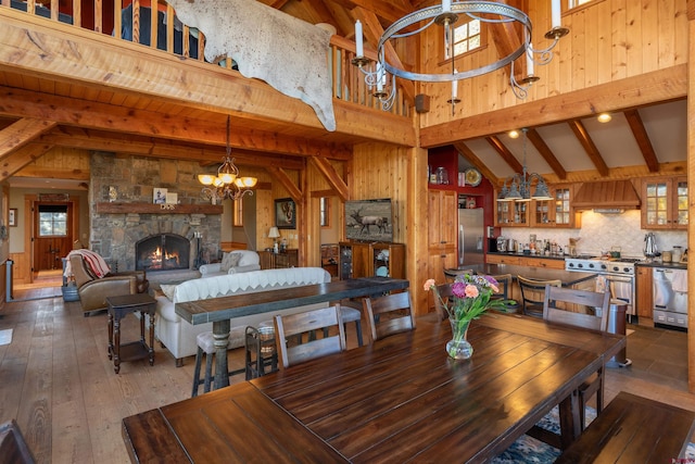 dining space with beamed ceiling, dark wood-type flooring, wooden walls, a fireplace, and high vaulted ceiling