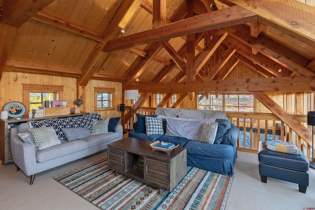 living room featuring beamed ceiling, wooden walls, high vaulted ceiling, and wooden ceiling