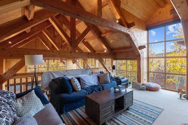 living room featuring carpet floors, wood ceiling, beam ceiling, and high vaulted ceiling