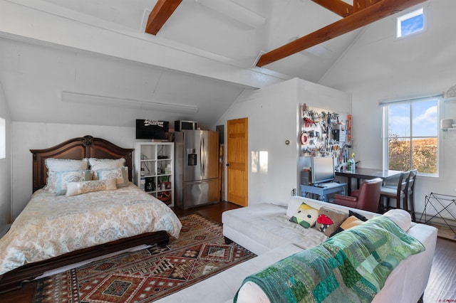 bedroom with stainless steel refrigerator with ice dispenser, vaulted ceiling with beams, and dark hardwood / wood-style flooring