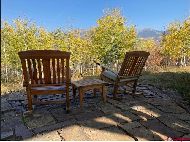 view of patio / terrace with a mountain view