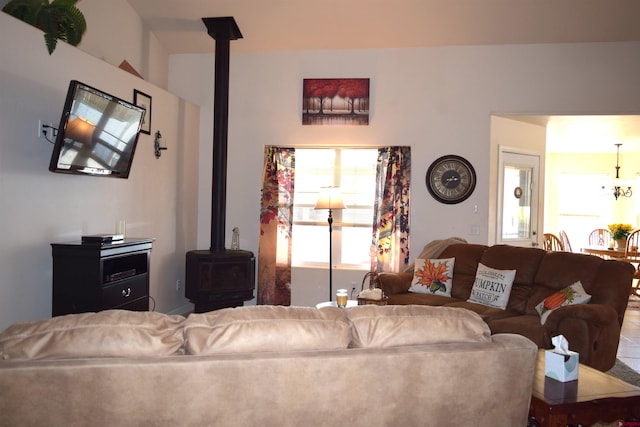 living room with a wood stove