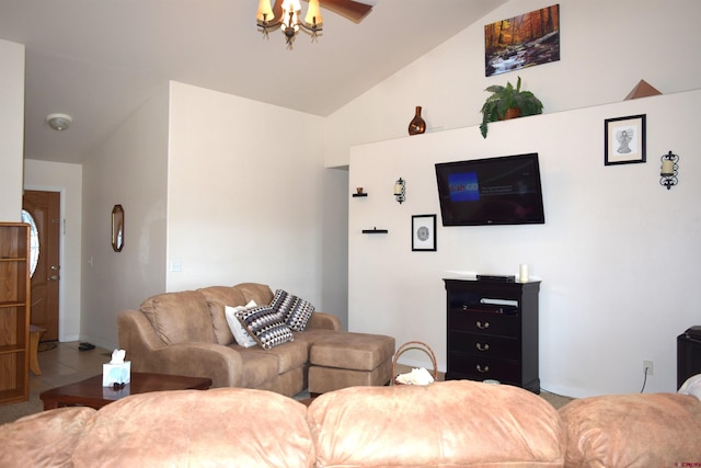 tiled living room featuring high vaulted ceiling and ceiling fan