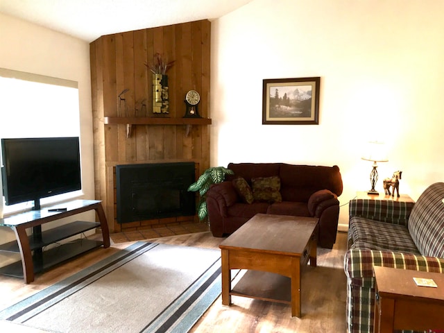 living room with a fireplace