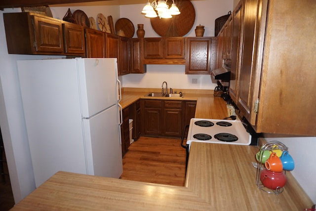 kitchen with white appliances, exhaust hood, sink, hardwood / wood-style flooring, and a chandelier