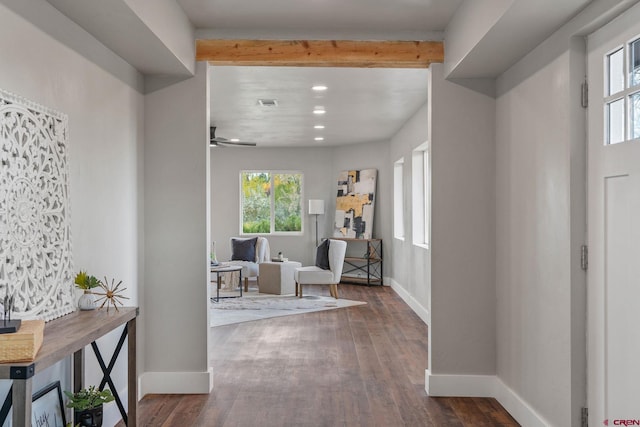 foyer with a healthy amount of sunlight, beamed ceiling, and dark hardwood / wood-style flooring