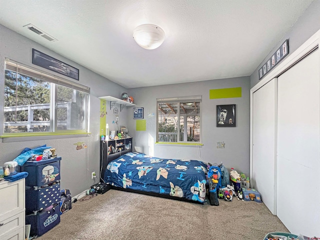 bedroom with multiple windows, a textured ceiling, a closet, and carpet flooring