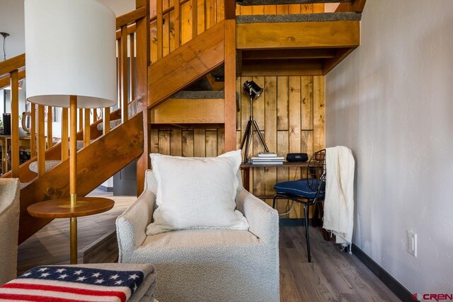 living area with dark hardwood / wood-style flooring