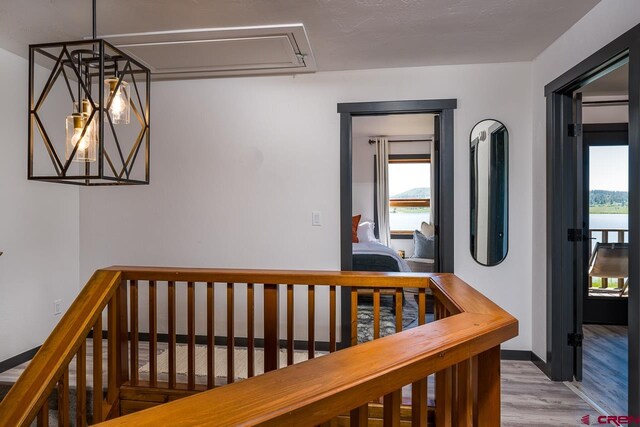 hallway featuring a water view, a healthy amount of sunlight, a chandelier, and hardwood / wood-style floors