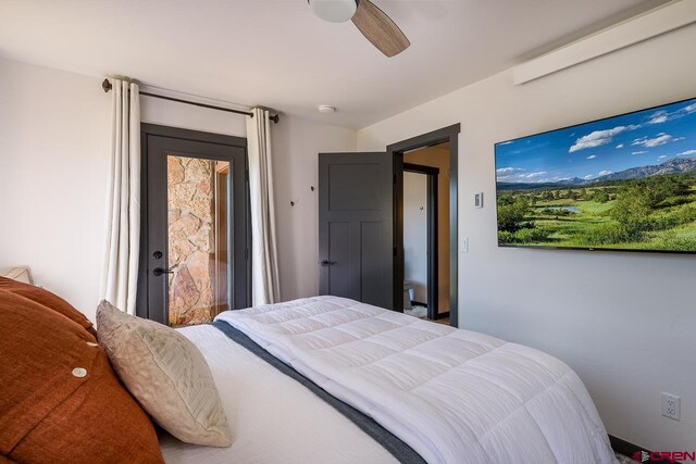 bedroom featuring access to outside and ceiling fan