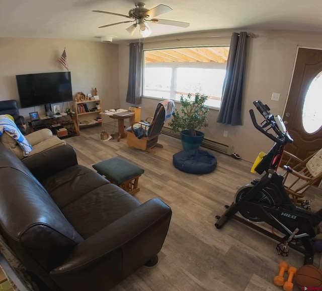 living room with hardwood / wood-style flooring, a baseboard radiator, and ceiling fan