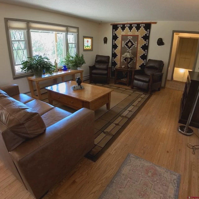 living room featuring light hardwood / wood-style flooring and baseboard heating