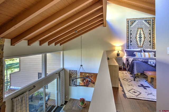 hallway with hardwood / wood-style flooring, wooden ceiling, and vaulted ceiling with beams