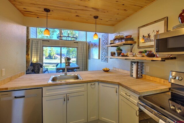 33 Davis Cup Unit 4008, Pagosa Springs, CO 81147 - kitchen featuring stainless steel appliances, wooden counters, a sink, wooden ceiling, and open shelves