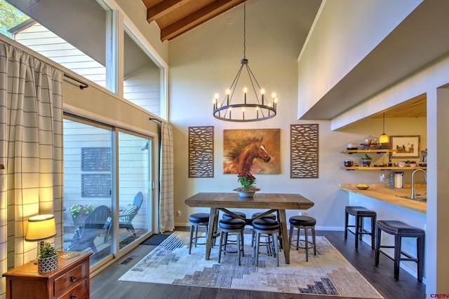 dining space with a notable chandelier, beam ceiling, plenty of natural light, and dark hardwood / wood-style flooring