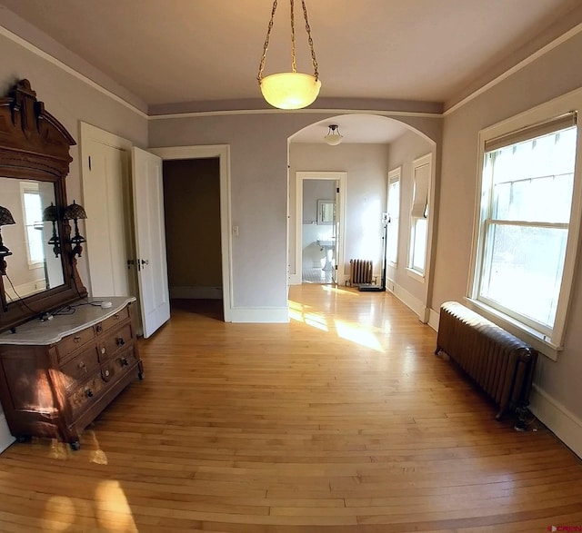 interior space with light hardwood / wood-style floors, ornamental molding, and radiator