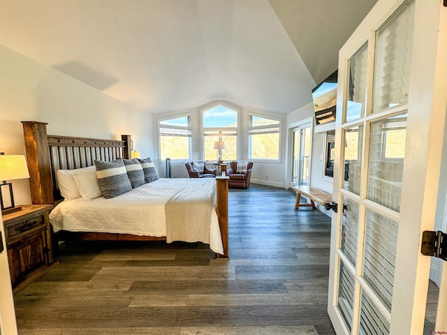 bedroom with lofted ceiling and dark hardwood / wood-style flooring