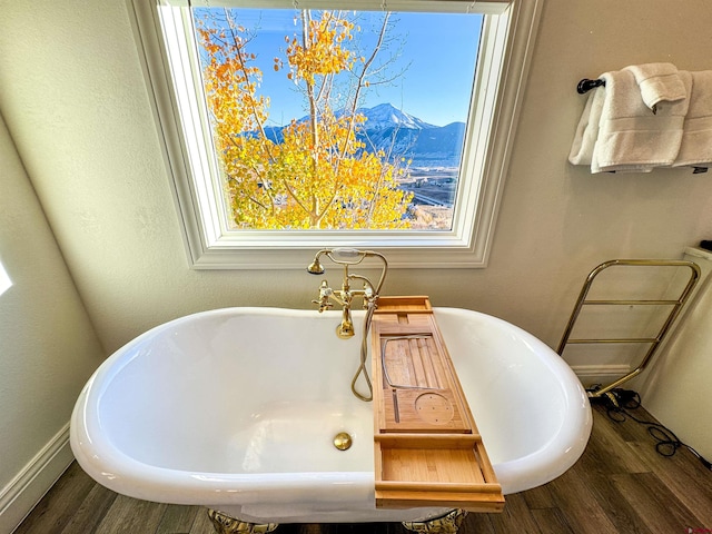 bathroom featuring a mountain view, hardwood / wood-style flooring, plenty of natural light, and a bathing tub