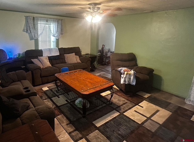 living room with ceiling fan